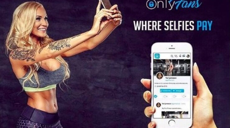 Hot tattooed blonde MILF taking a selfie. Next to her is the OnlyFans logo saying: Where selfies pay