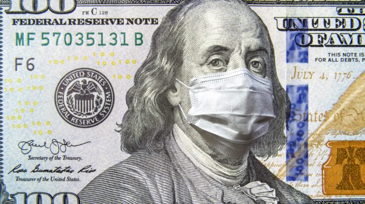 Benjamin Franklin $100 bill with a mouthmask on